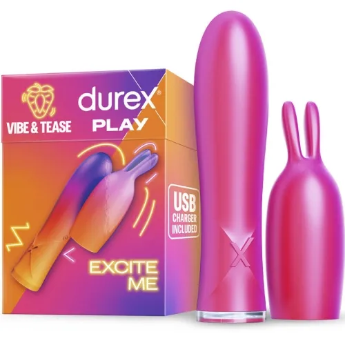 Durex Vibe & Tease Set with USB charger, pink vibrator and attachment, packaging in the background.