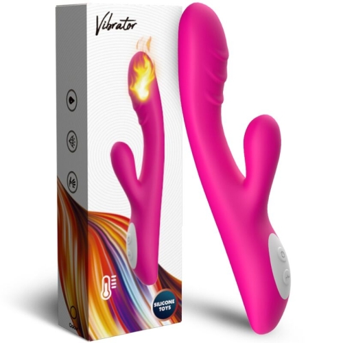 Pinkfarbener Vibrator mit Verpackung, zeigt Flammensymbol, aus Silikon, mit Bedienelementen.