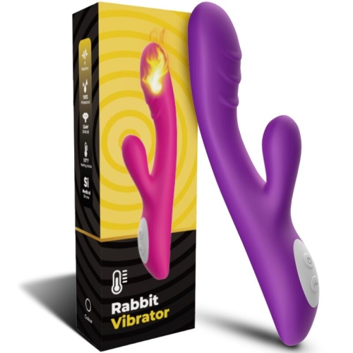 Lila Rabbit-Vibrator neben Verpackung mit gelbem Spiralmuster und Produktinformationen.