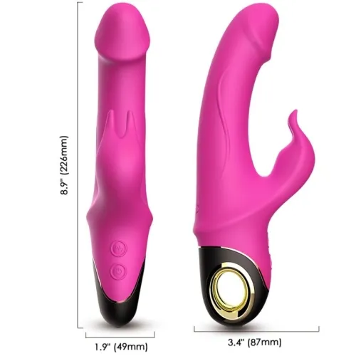 Two pink vibrators with different designs and sizes, one with a clitoral stimulator, both with black handles.