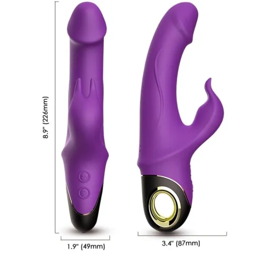 Purple vibrator with two views, showing dimensions: 8.9" length, 1.9" and 3.4" width, with gold details and controls.