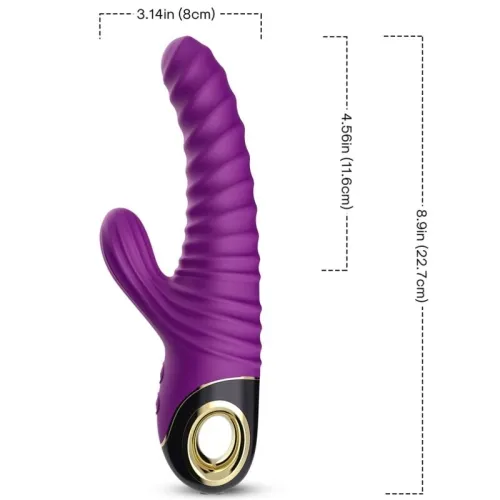 Purple, ribbed massager with gold accents, 22.7 cm long, 8 cm wide, with additional arm, dimensions in inches and cm.