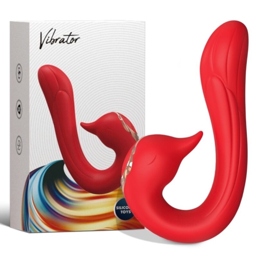 Red vibrator in the shape of a bird in front of packaging with a colorful design and the inscription "Vibrator".