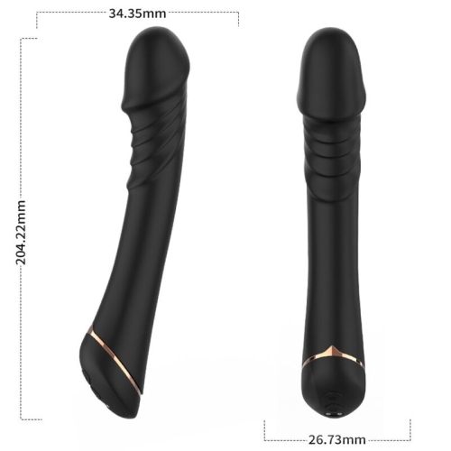 Black vibrator with golden accents, dimensions: 204.22 mm length, 34.35 mm and 26.73 mm diameter.