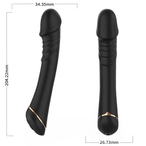 Black vibrator with golden accents, dimensions: 204.22 mm length, 34.35 mm and 26.73 mm diameter.