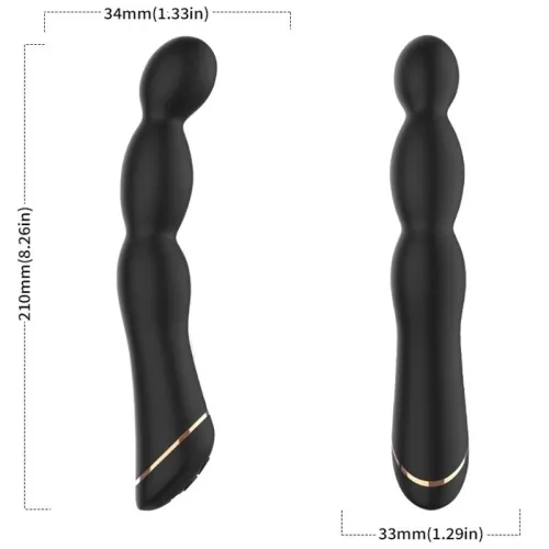 Black, curved massager with gold accents, 210 mm long, 34 mm in diameter. Side and front views.