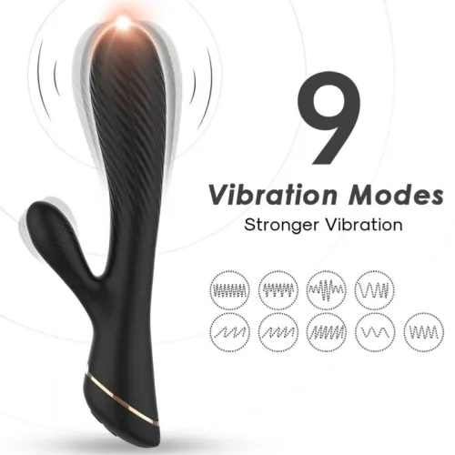 Black vibrator with 9 vibration modes, luminous tip, text: "Stronger Vibration", symbols for vibration patterns.