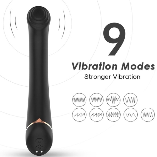 Schwarzer Vibrator mit 9 Vibrationsmodi, stärkere Vibration, grafische Darstellung der Modi.