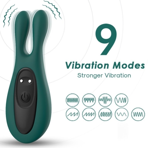 Green vibrating device with 9 modes, black control panel and wave-shaped symbols.