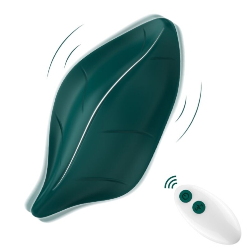 Green, leaf-shaped device with vibration effects and a white remote control with two buttons.