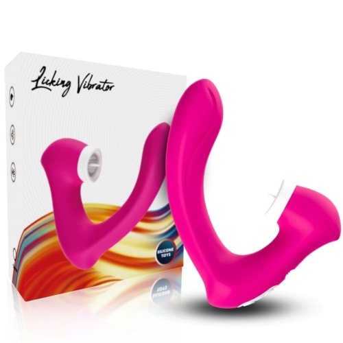 Pinkfarbener Vibrator mit Verpackung im Hintergrund, Aufschrift "Licking Vibrator".