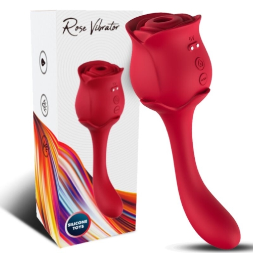 Red rose-shaped vibrator with packaging in the background, labeled "Rose Vibrator" and "Silicone Toys".