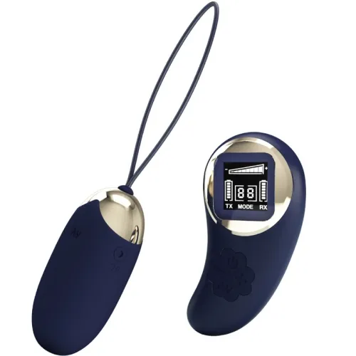 Blaues, eiförmiges Gerät mit goldenen Akzenten und Fernbedienung mit Display und Tasten.