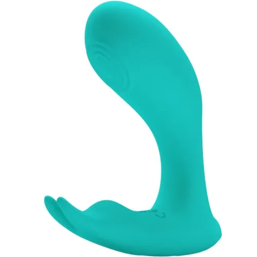 Türkises, gebogenes Silikon-Massagegerät mit wellenförmiger Struktur.