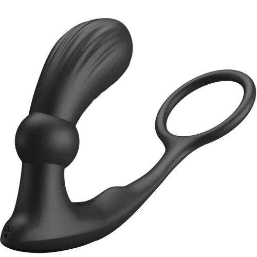 Black, ergonomically shaped sex toy with a ring and curved end.
