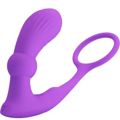Purple silicone vibrator with ring, ergonomically shaped.