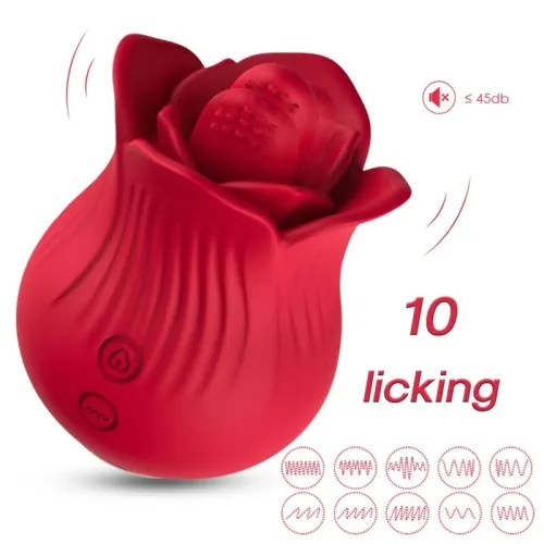 Red, rose-shaped vibrator with 10 modes, quiet at under 45 dB.