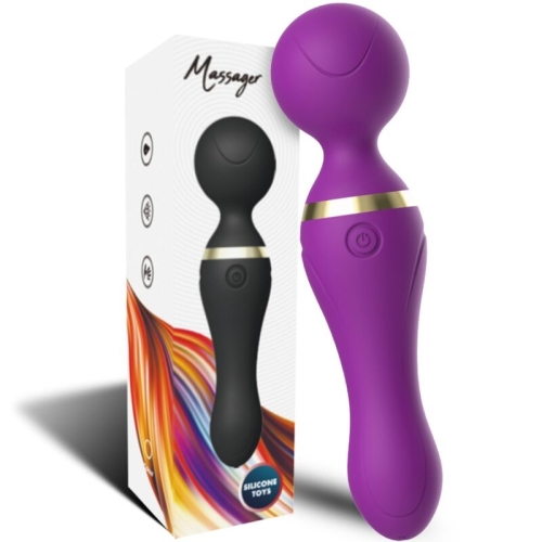 Purple massage wand with gold trim, next to packaging with a black model and colorful design.