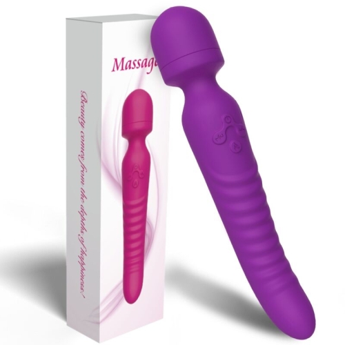 Purple massage device with a ribbed surface, next to matching packaging with product image.