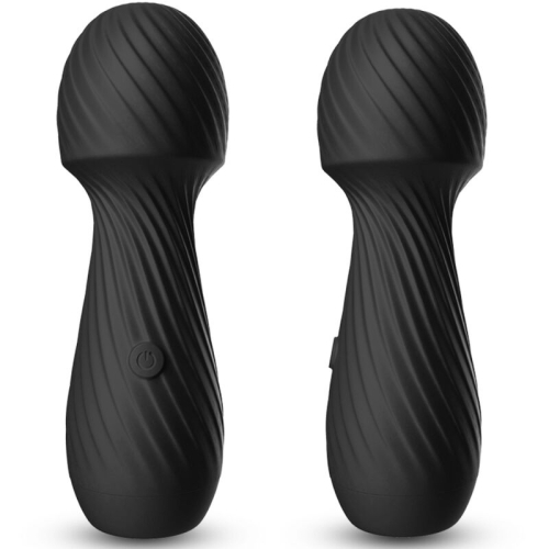 Two black, ribbed massage devices with buttons, standing side by side.