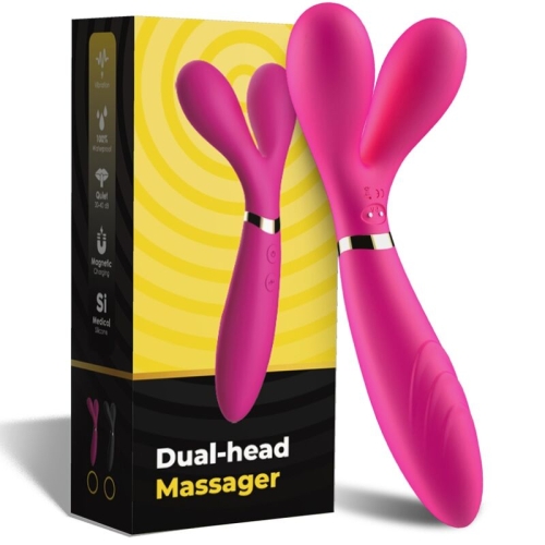 Pinkfarbener Dual-Head-Massager mit Verpackung, aus medizinischem Silikon, wasserdicht, leise, magnetisches Laden.