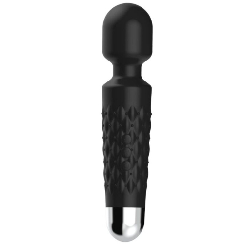 Black massager with textured handle and rounded tip, on a white background.