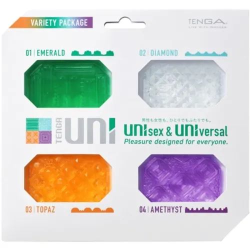 Packaging containing four colorful TENGA products: emerald, diamond, topaz, amethyst. Unisex & Universal.
