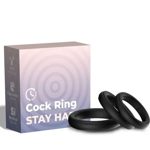 Packaging and three black cock rings made of medical-grade silicone, ergonomic design, 100% waterproof.