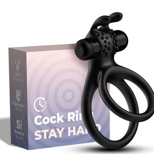 Black cock ring with nubs and packaging, labeled "Stay Hard", ergonomic design, medical-grade silicone.