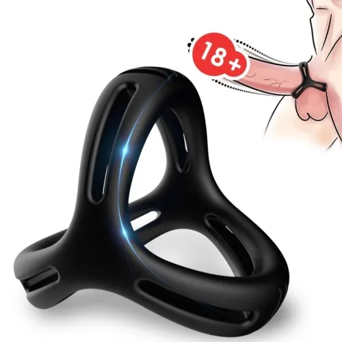 Black penis ring with 18+ warning, illustration shows application on the body.