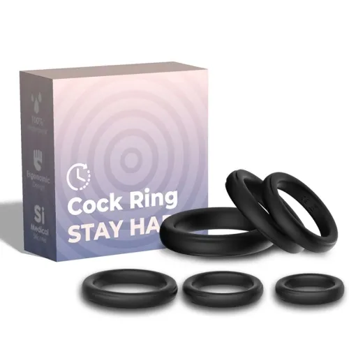Verpackung und vier schwarze Cockringe aus medizinischem Silikon, ergonomisches Design, 100% wasserdicht.