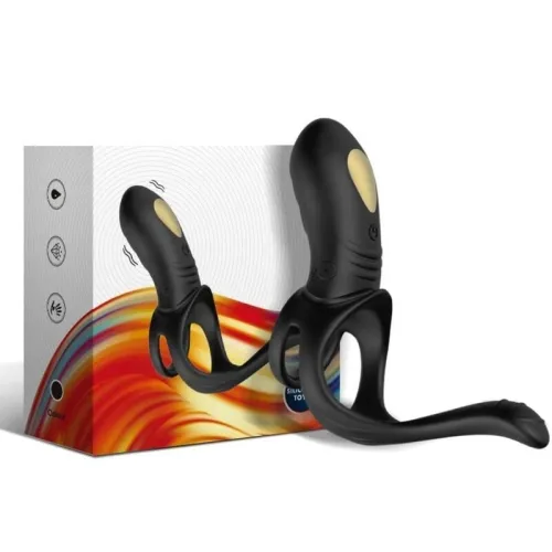 Black, ergonomic sex toy in front of colorful packaging with wave pattern and symbols.