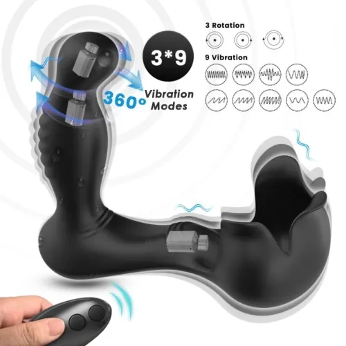 Black massage device with remote control, 360° vibration, 3 rotation and 9 vibration modes, graphically displayed.