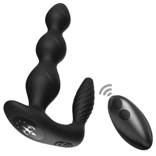 Black, wavy massager with remote control, suitable for intimate applications.