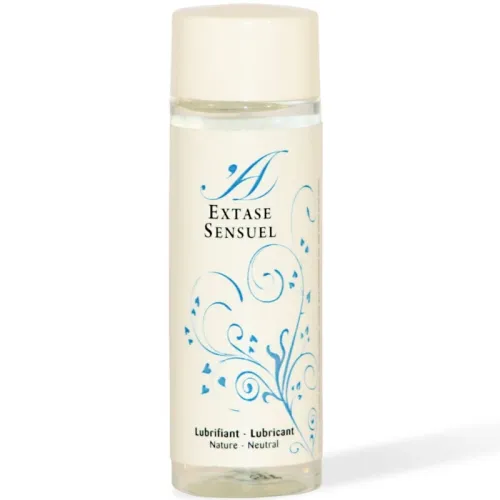 A bottle labeled "Extase Sensuel", decorated with blue patterns, contains neutral lubricant.