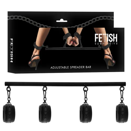 Packaging of an adjustable spreader bar with hand and foot cuffs, shown with high heels.