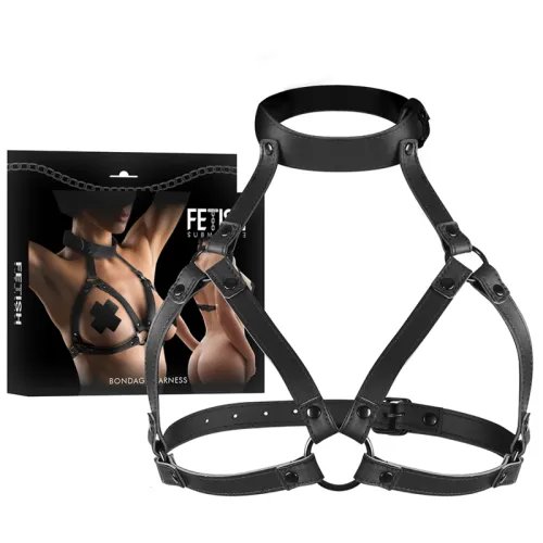 Black bondage harness with packaging in the background, showing a model with similar equipment.