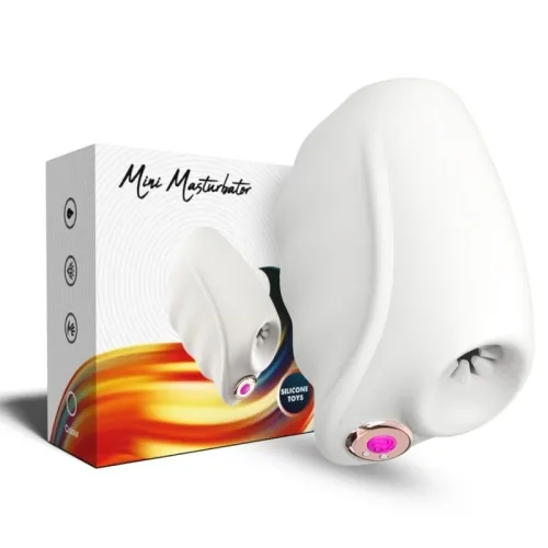 White mini silicone masturbator with packaging in the background, button with pink detail.