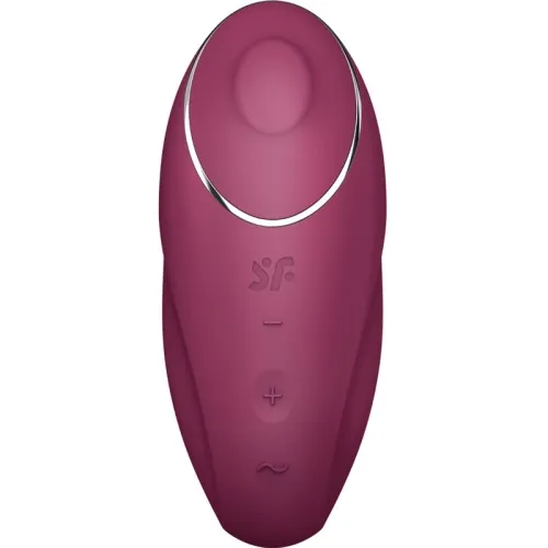 Bordeaux-red, oval device with buttons and silver rim, suitable for personal wellness applications.