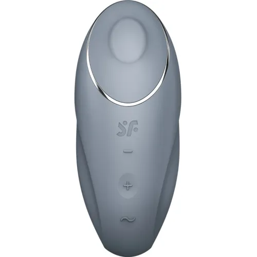 Grauer, ovaler Vibrator mit silbernem Rand und Bedienelementen für Intensität und Modus auf der Vorderseite.