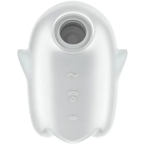 White, oval device with a round opening at the top and three symbols below it.
