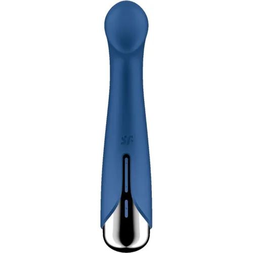 Blue, ergonomically shaped massage wand with a silver end and controls on the front.