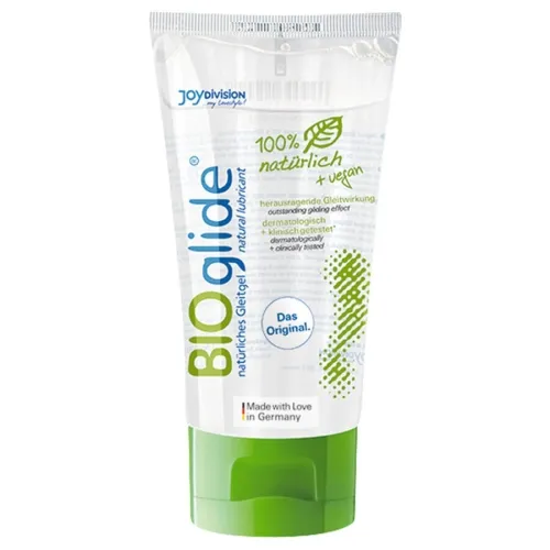 Tube mit BIOglide Gleitgel, 100% natürlich und vegan, dermatologisch getestet, grüne Kappe, hergestellt in Deutschland.