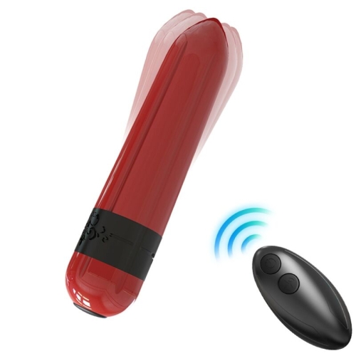Rotes, längliches Gerät mit schwarzem Band und Fernbedienung, die ein Funksignal sendet.