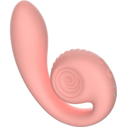 Rosa, gebogenes Massagegerät mit spiralförmigem Muster und glatter Oberfläche.