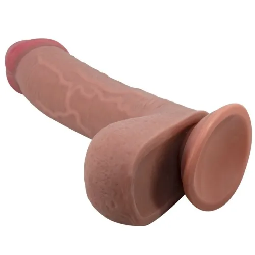 Ein realistischer Dildo mit Saugnapf, hautfarben, mit Adern und detaillierter Struktur.