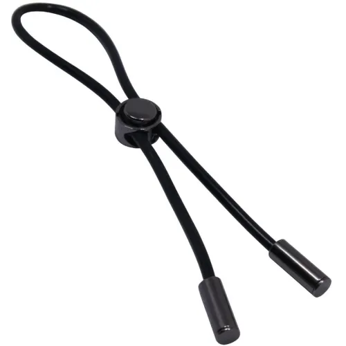 Black elastic cord stopper with two ends and a central slider.
