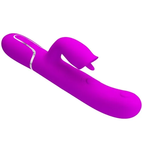 Purple vibrator with curved attachment and textured handle, on a white background.