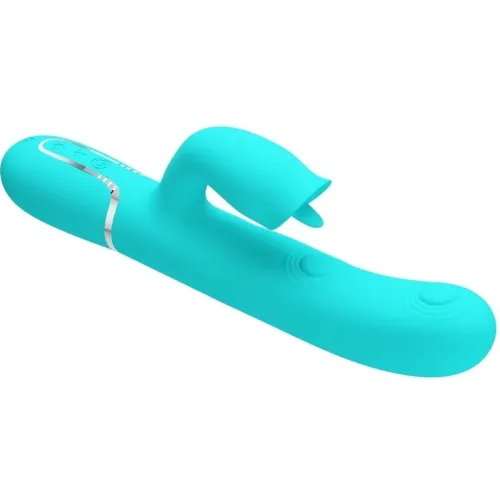 Türkises, ergonomisch geformtes Massagegerät mit zwei Enden und strukturierten Oberflächen.