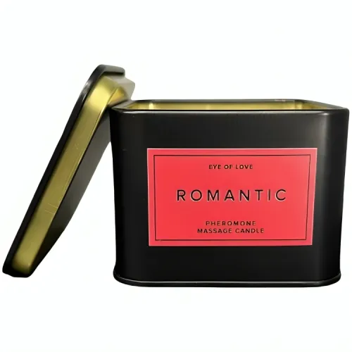 Black tin with red label, inscription: "Romantic Pheromone Massage Candle", open lid.
